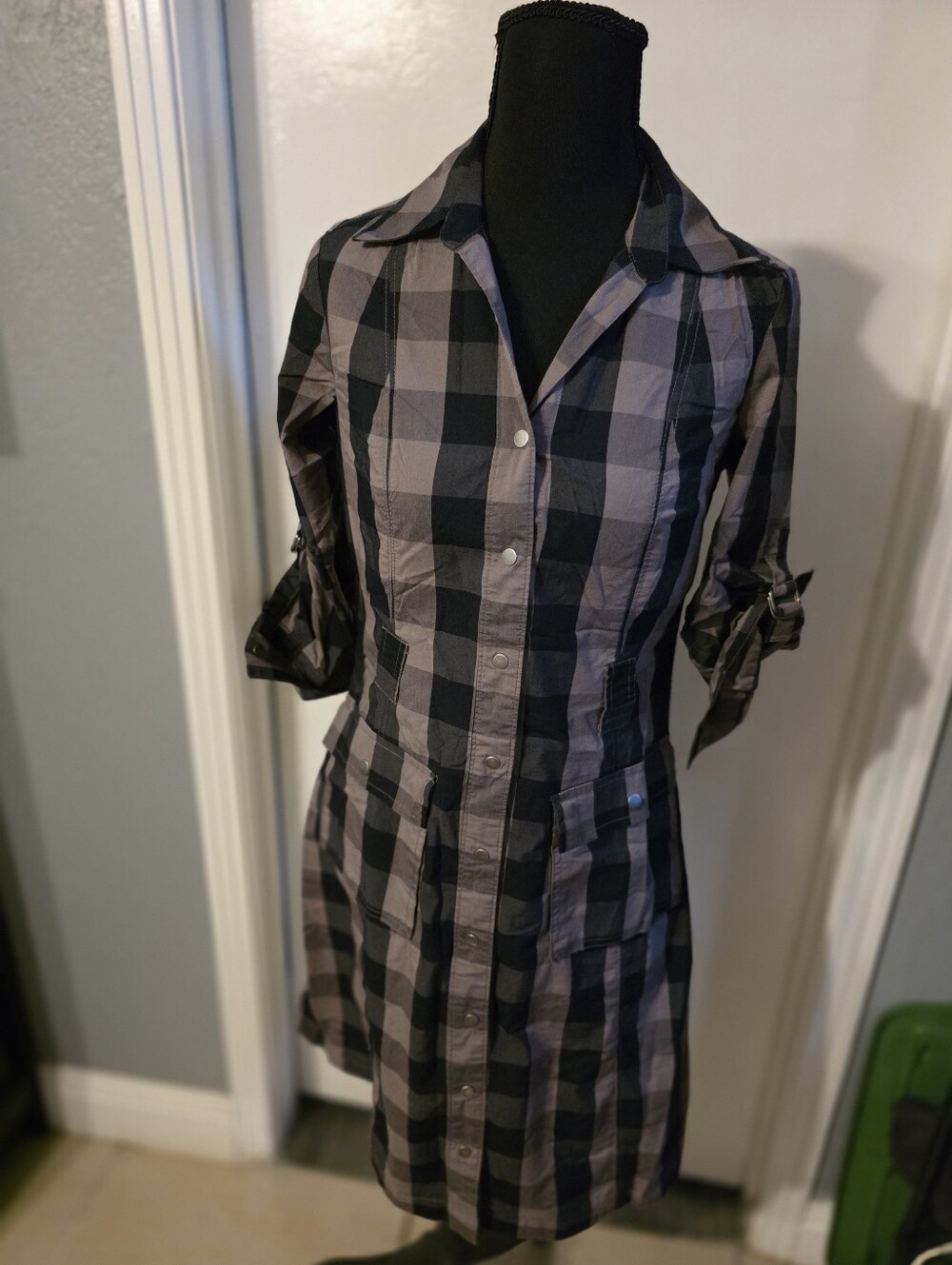 Black and Gray Plaid Button-Front Dress